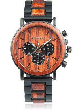 Men's Red Watches Wood & Stainless Steel Combined Chronograph Military Quartz